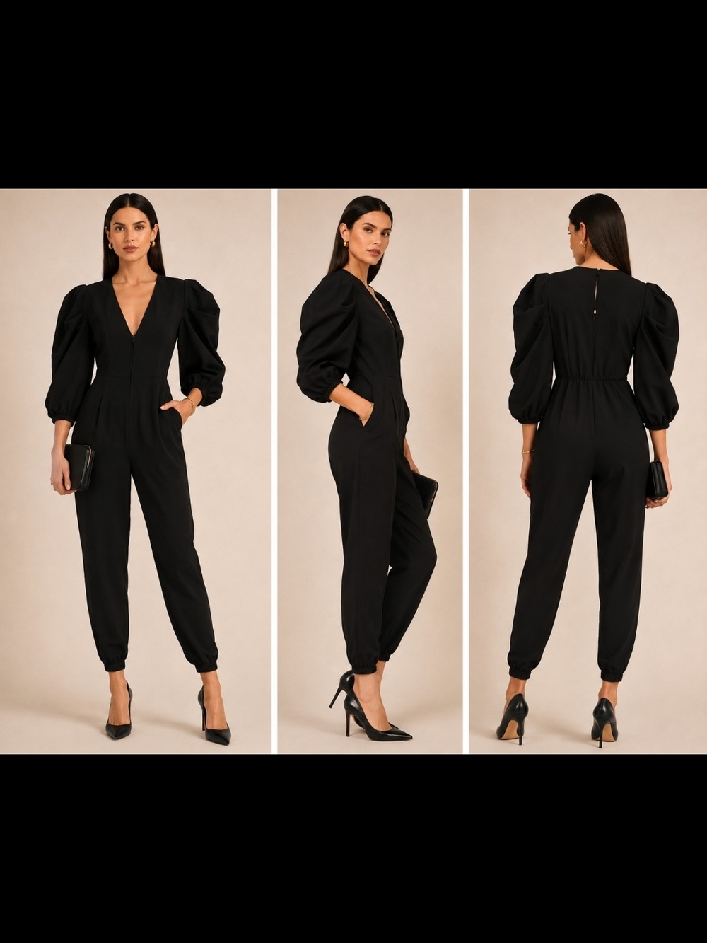 Vanessa Scott Black Puff-Sleeve V-Neck Button Jumpsuit Sz M NWT